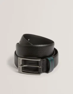 Grained Leather Belt With Striped Loop