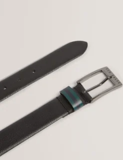 Grained Leather Belt With Striped Loop