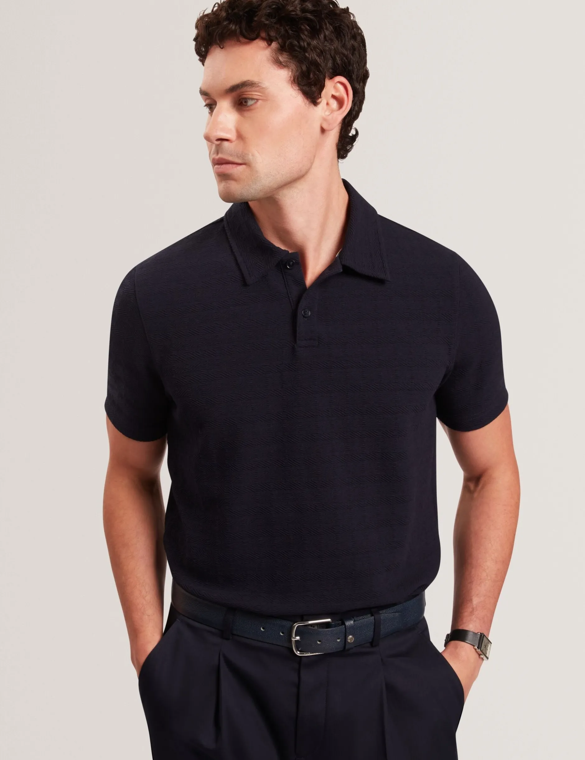 Grid Texture Woven Short Sleeve Polo