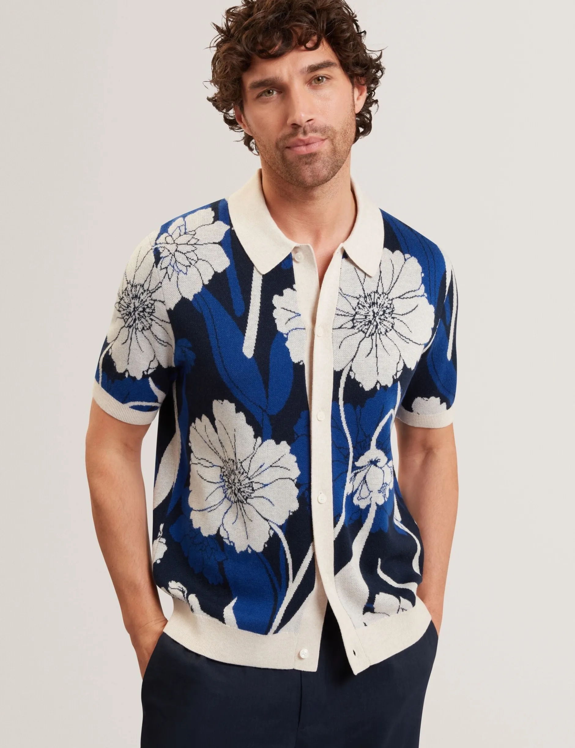 Jacquard Botanical Print Wool Blend Shirt