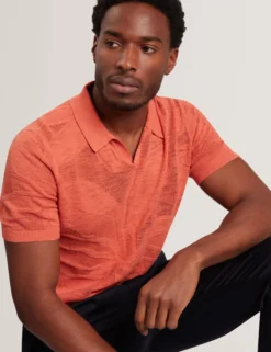 Jacquard Mesh Knit Open Neck Polo