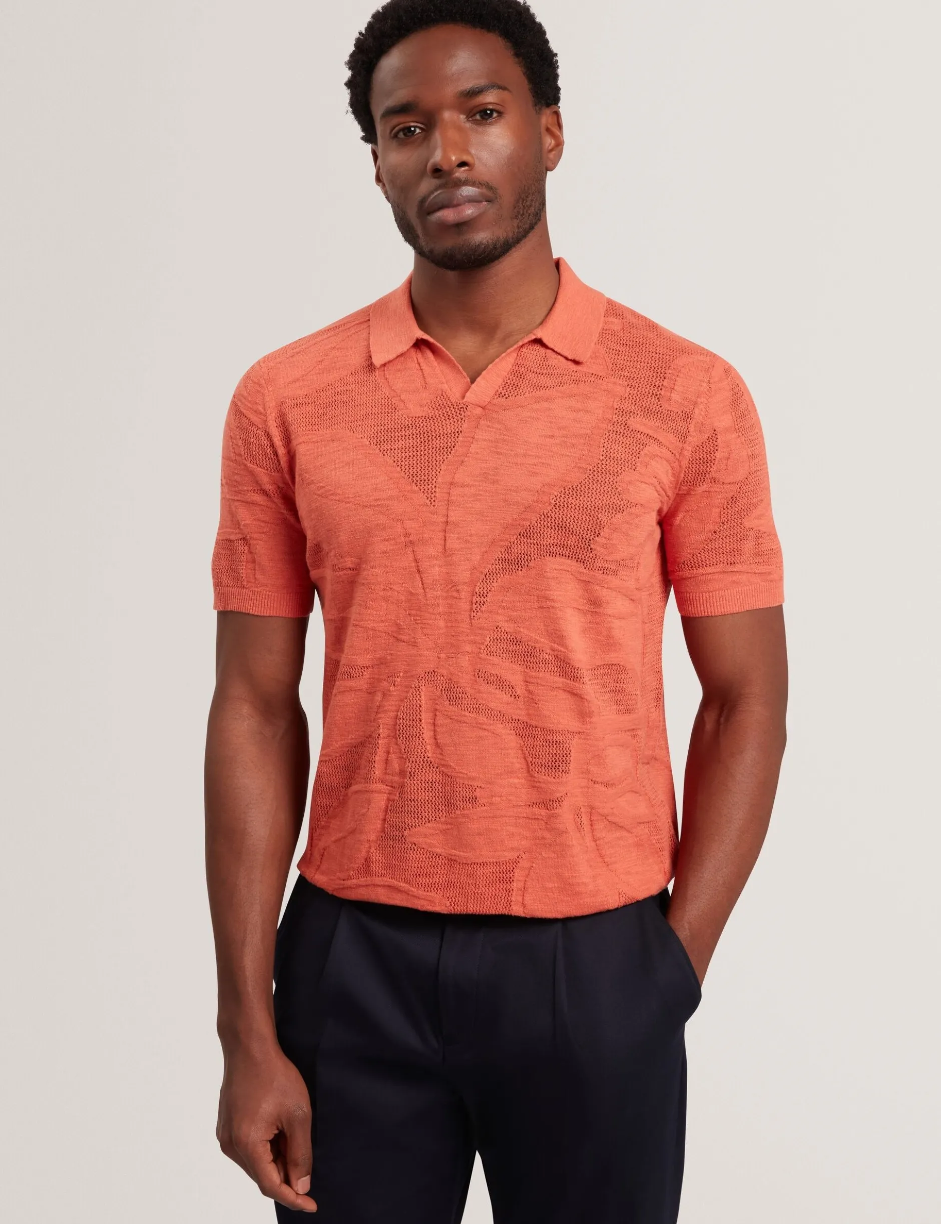 Jacquard Mesh Knit Open Neck Polo