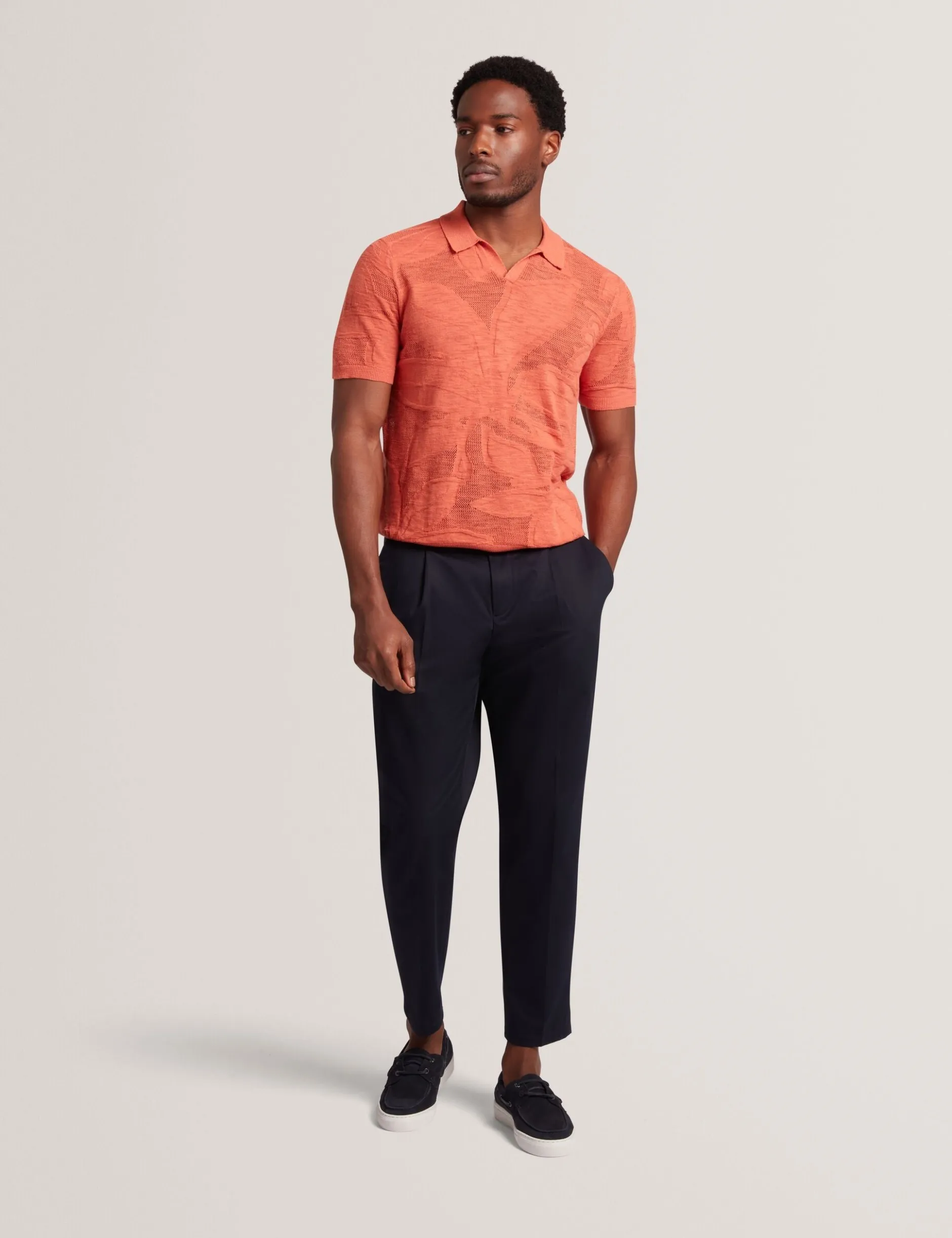 Jacquard Mesh Knit Open Neck Polo