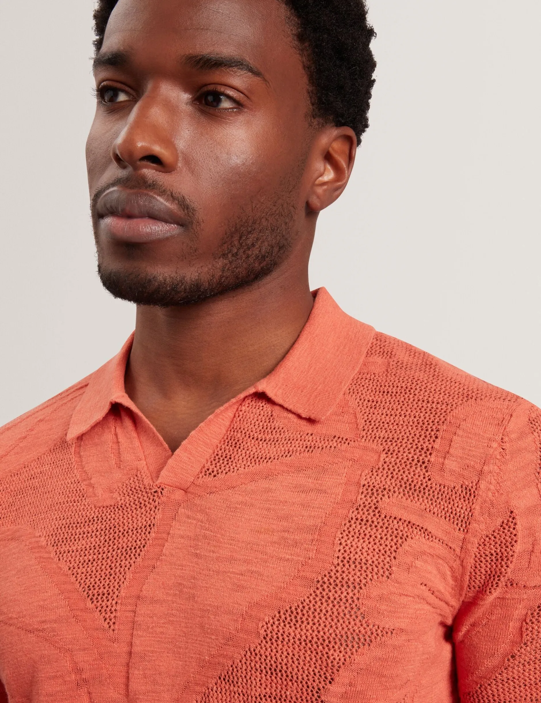 Jacquard Mesh Knit Open Neck Polo