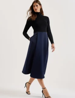 Knit Bodice Midi Dress With Wrap Skirt