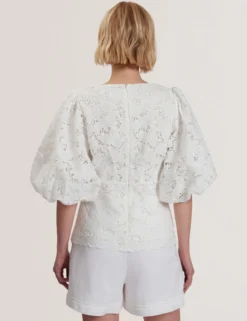 Lace Puff Sleeve V-Neck Peplum Top