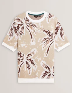 Leaf Print Knitted Crew Neck T-Shirt