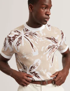 Leaf Print Knitted Crew Neck T-Shirt