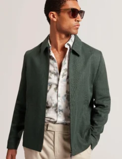 Linen Blend Zip Up Harrington Jacket