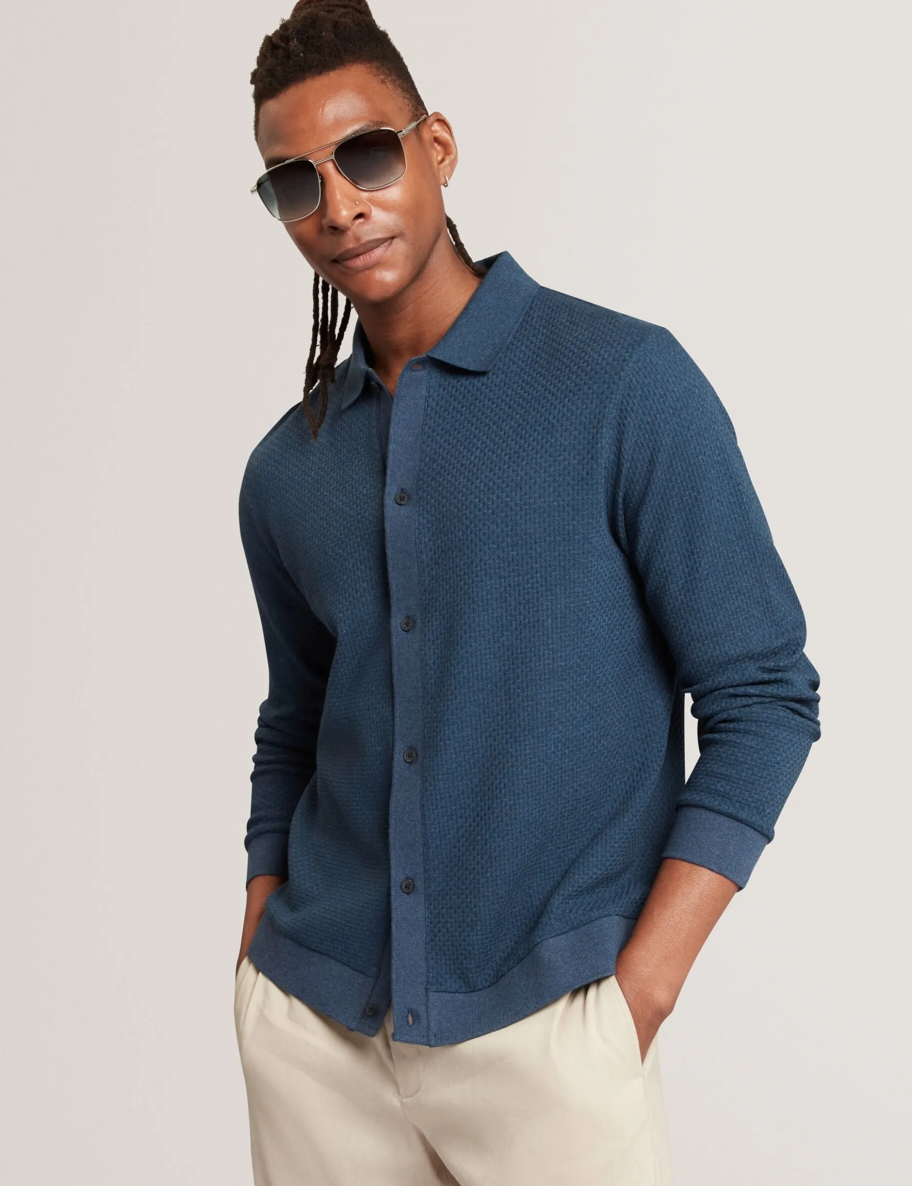 Long Sleeve Textured Button-Through Polo