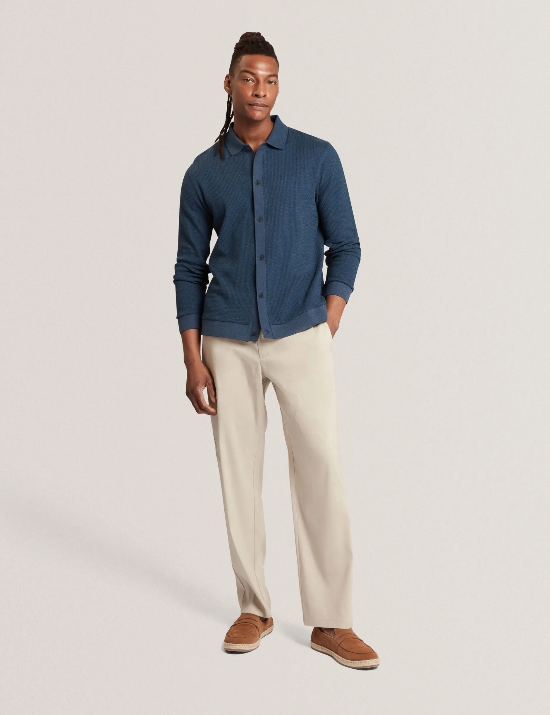 Long Sleeve Textured Button-Through Polo