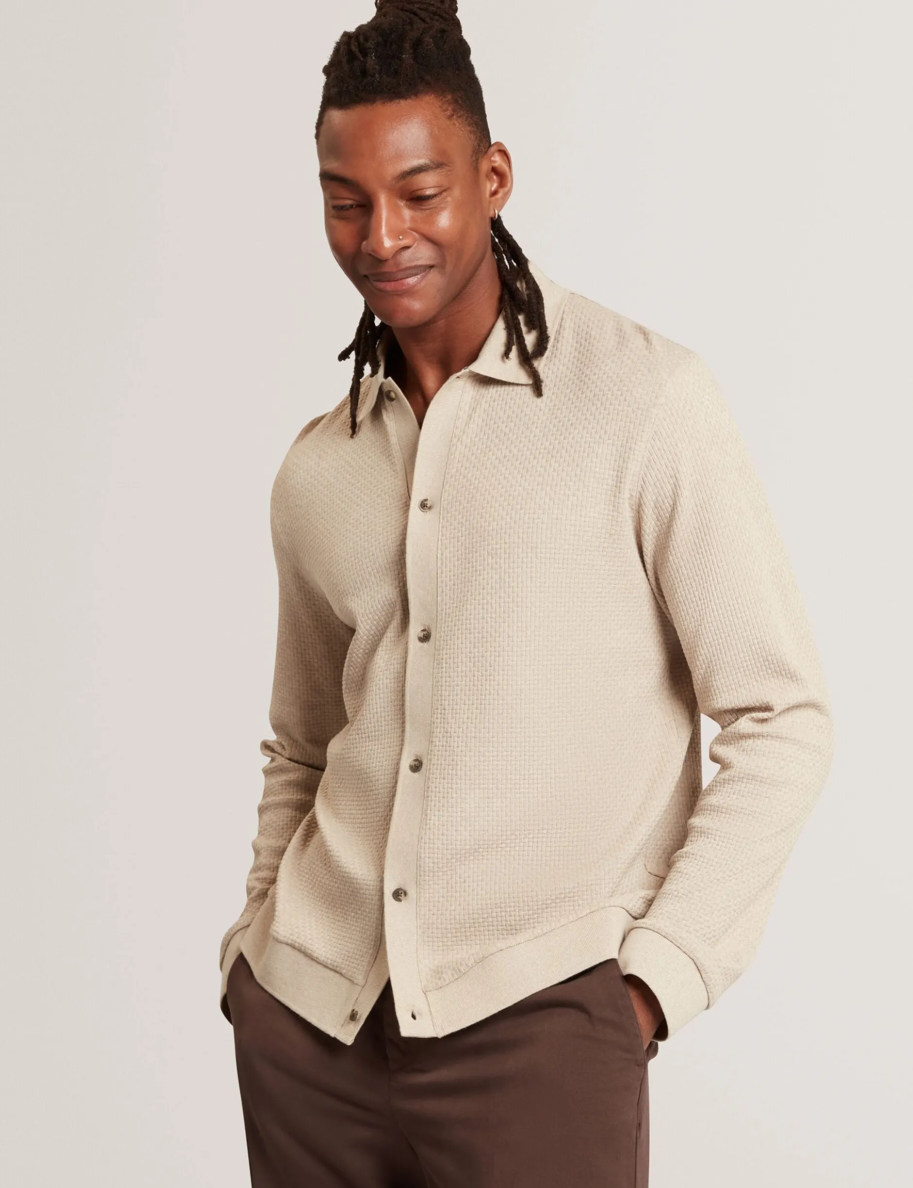 Long Sleeve Textured Button-Through Polo