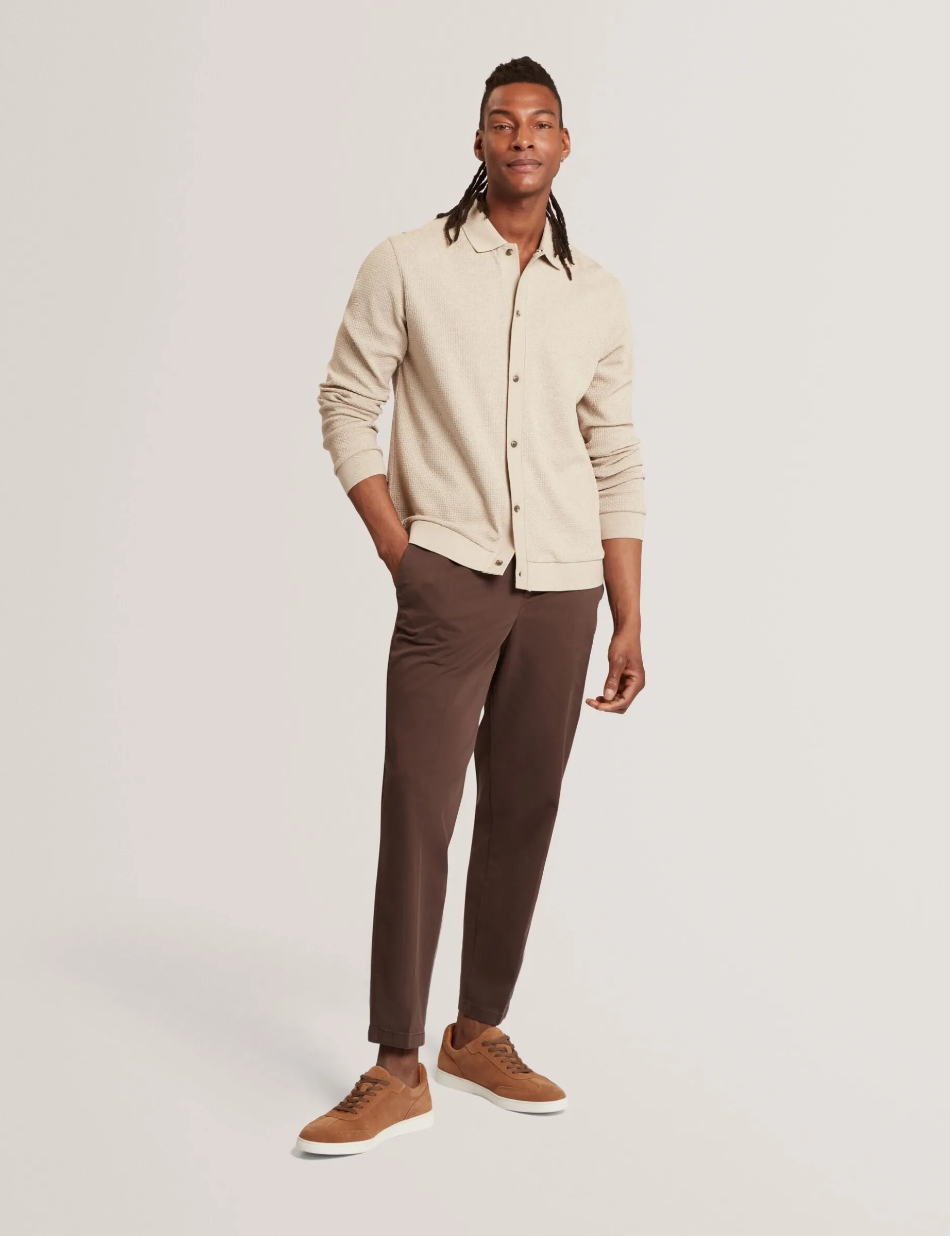 Long Sleeve Textured Button-Through Polo