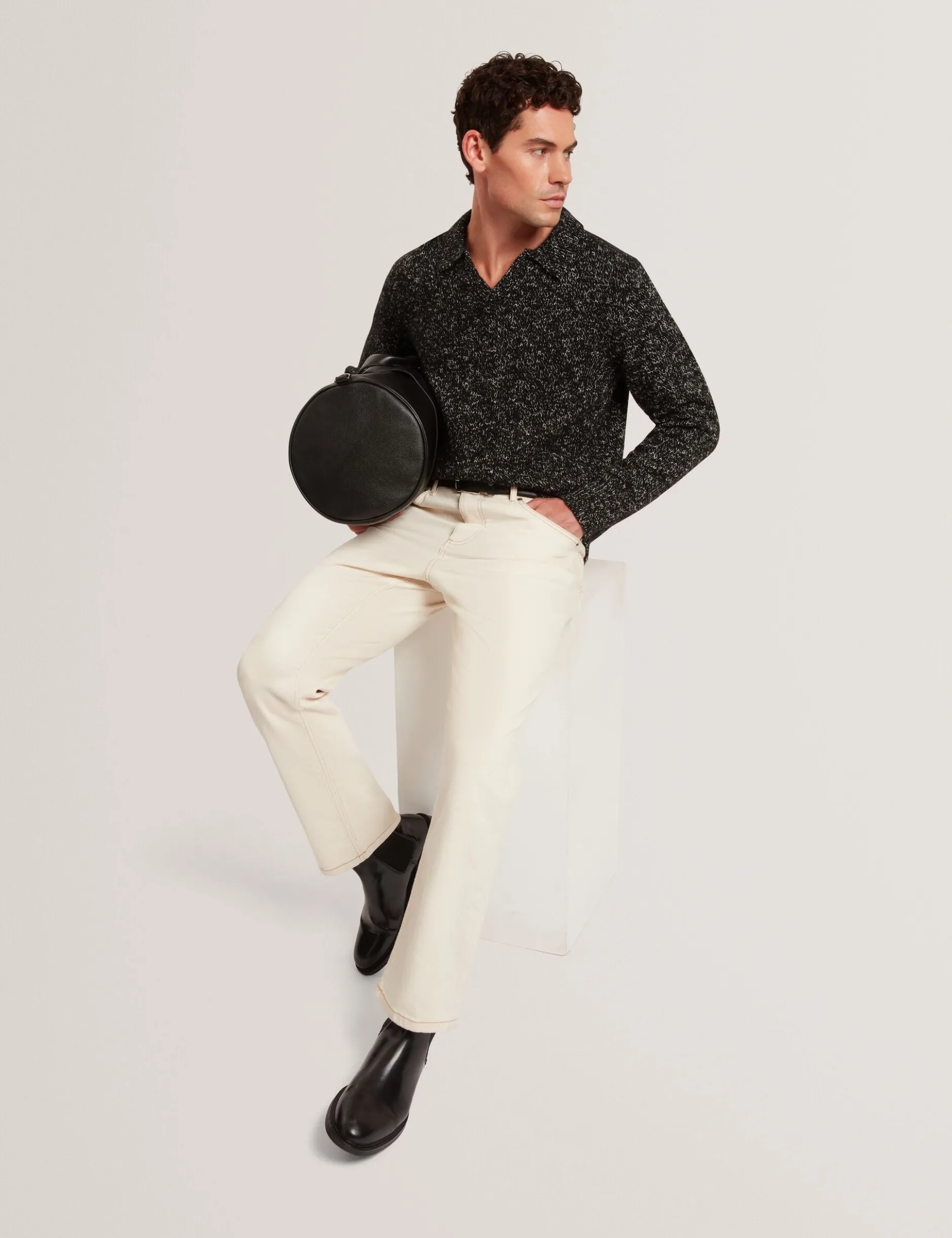 Melange Knit Long Sleeve Polo Shirt