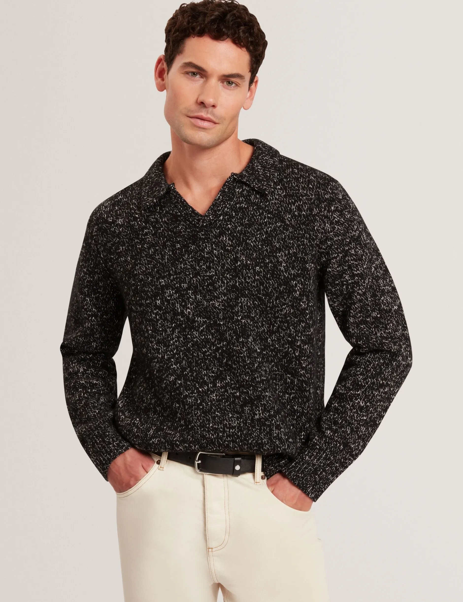 Melange Knit Long Sleeve Polo Shirt