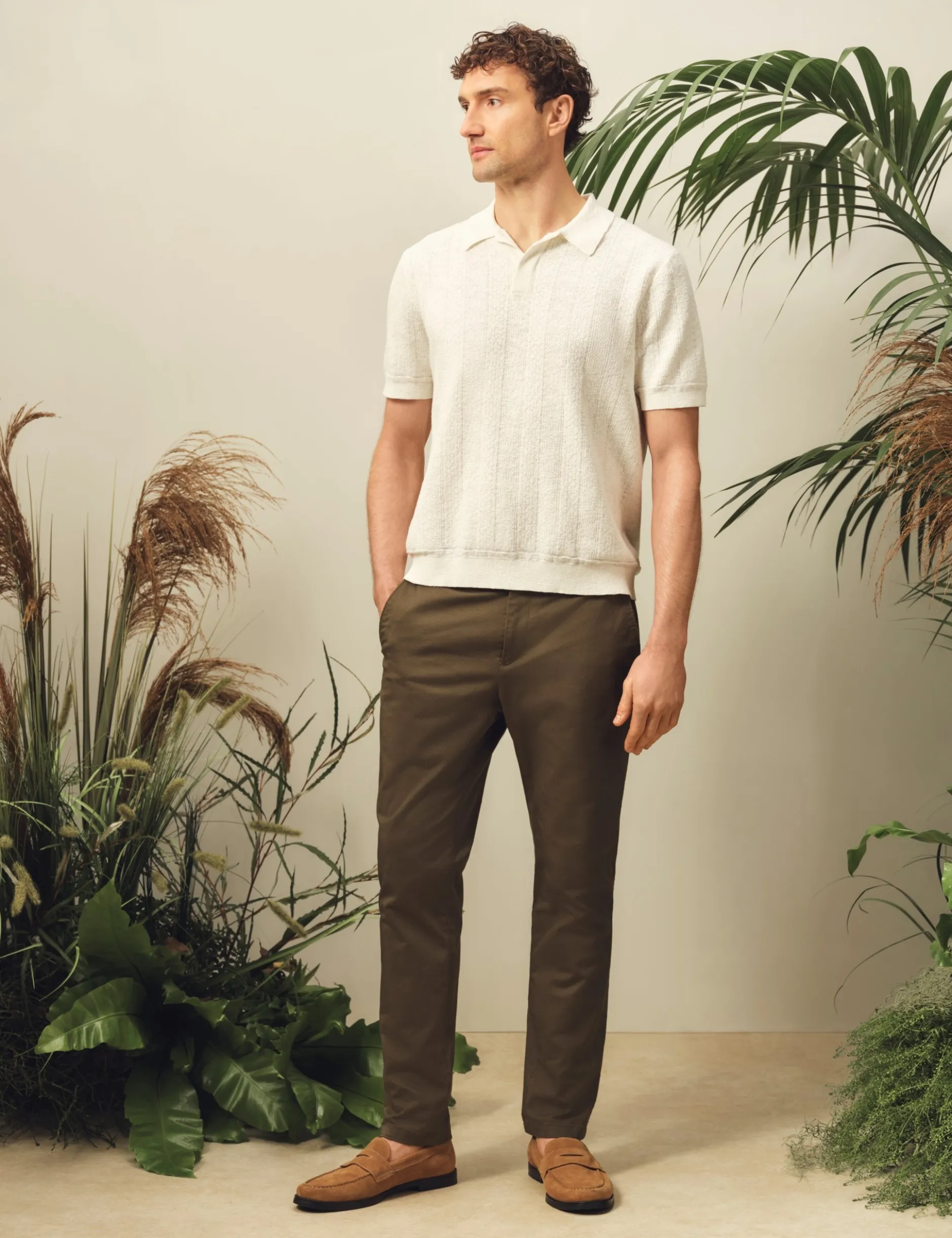 Mixed Texture Cotton Linen Knit Polo