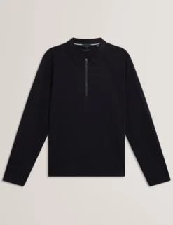 Mixed Texture Zip Neck Long Sleeve Polo