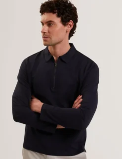 Mixed Texture Zip Neck Long Sleeve Polo