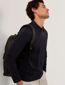 Mixed Texture Zip Neck Long Sleeve Polo