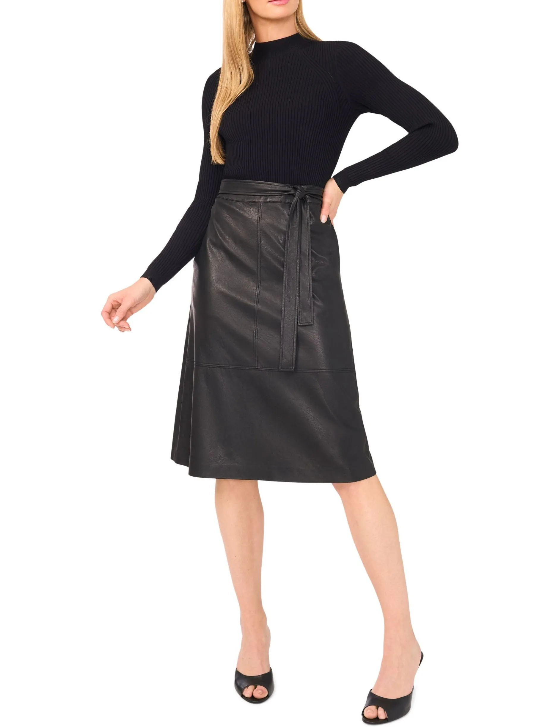 Mock Neck Midi Dress with Faux Leather Skirt