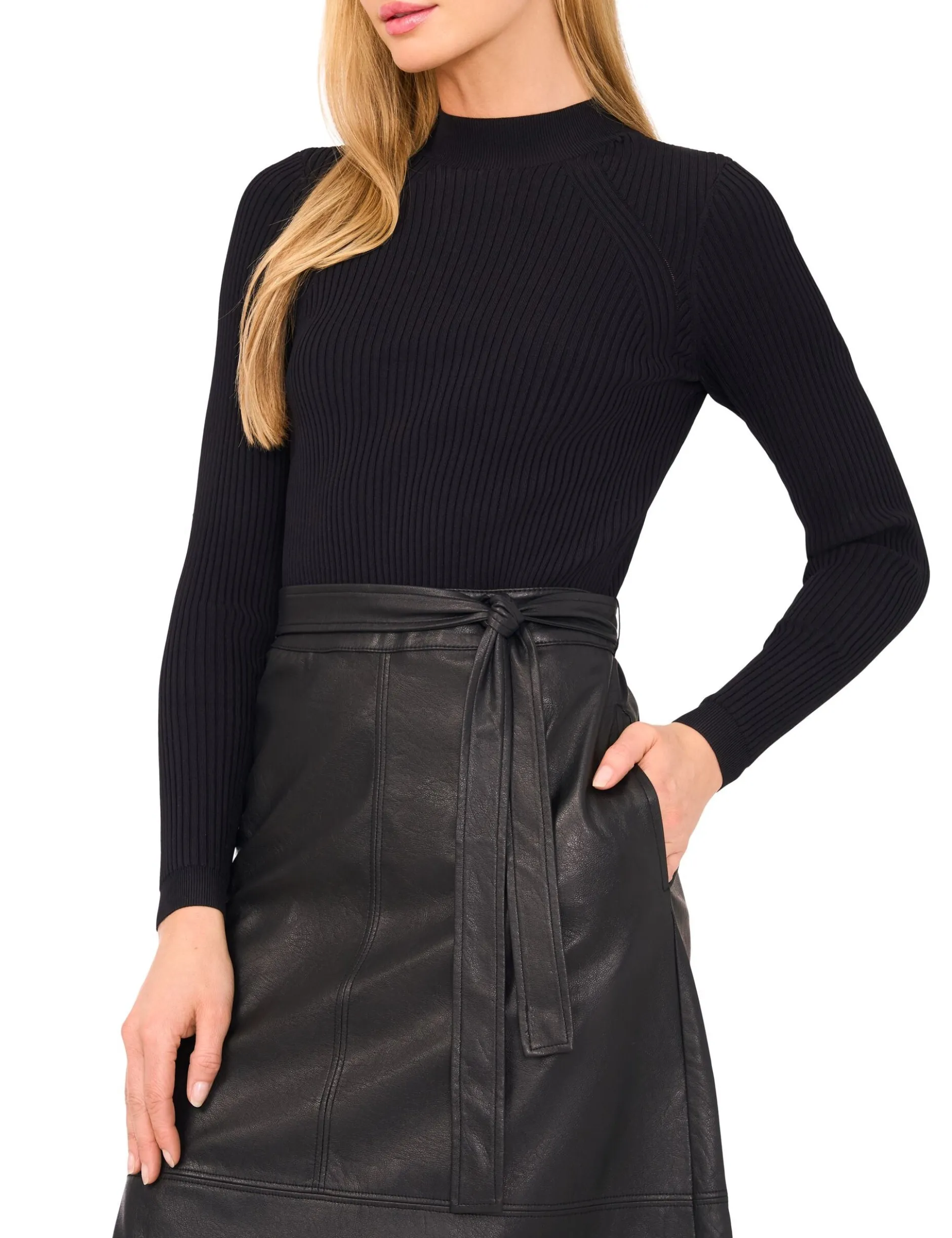 Mock Neck Midi Dress with Faux Leather Skirt