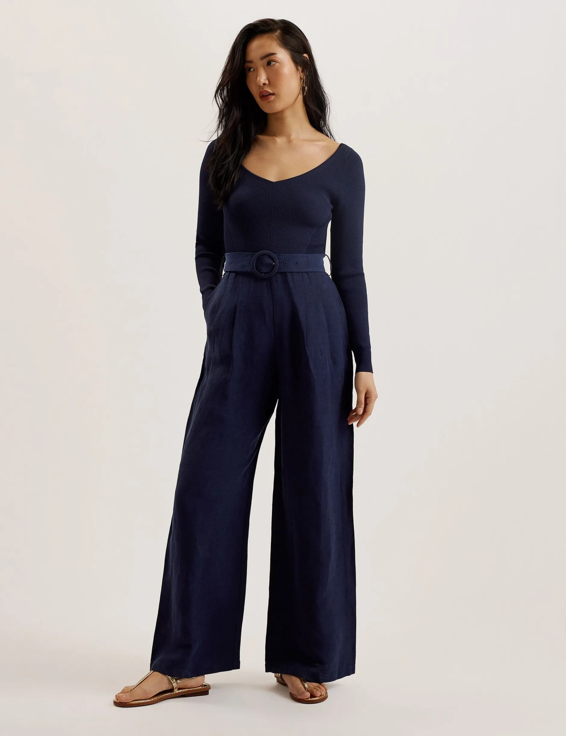 Off Shoulder Belted Wide Leg Jumpsuit