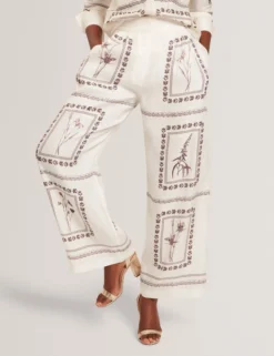 Panel Print Silk Linen Wide Leg Trousers