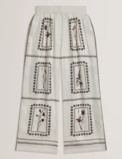 Panel Print Silk Linen Wide Leg Trousers