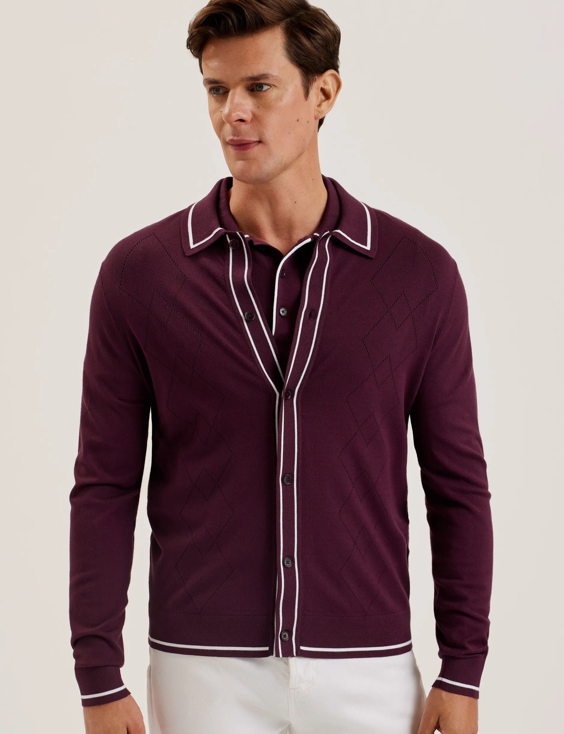 Pointelle Diamond Knitted Long Sleeve Shirt