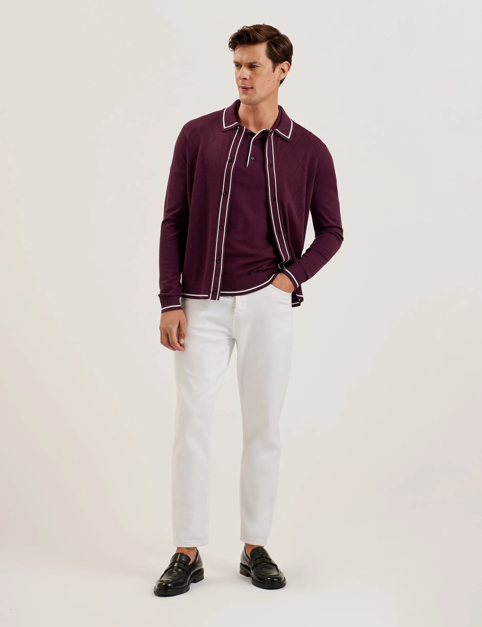 Pointelle Diamond Knitted Long Sleeve Shirt