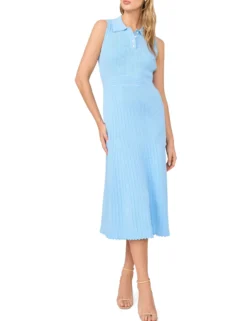 Pointelle Knit Collared Neck Midi Dress