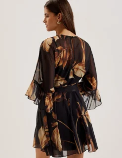 Printed Chiffon Mini Dress With Tie Waist