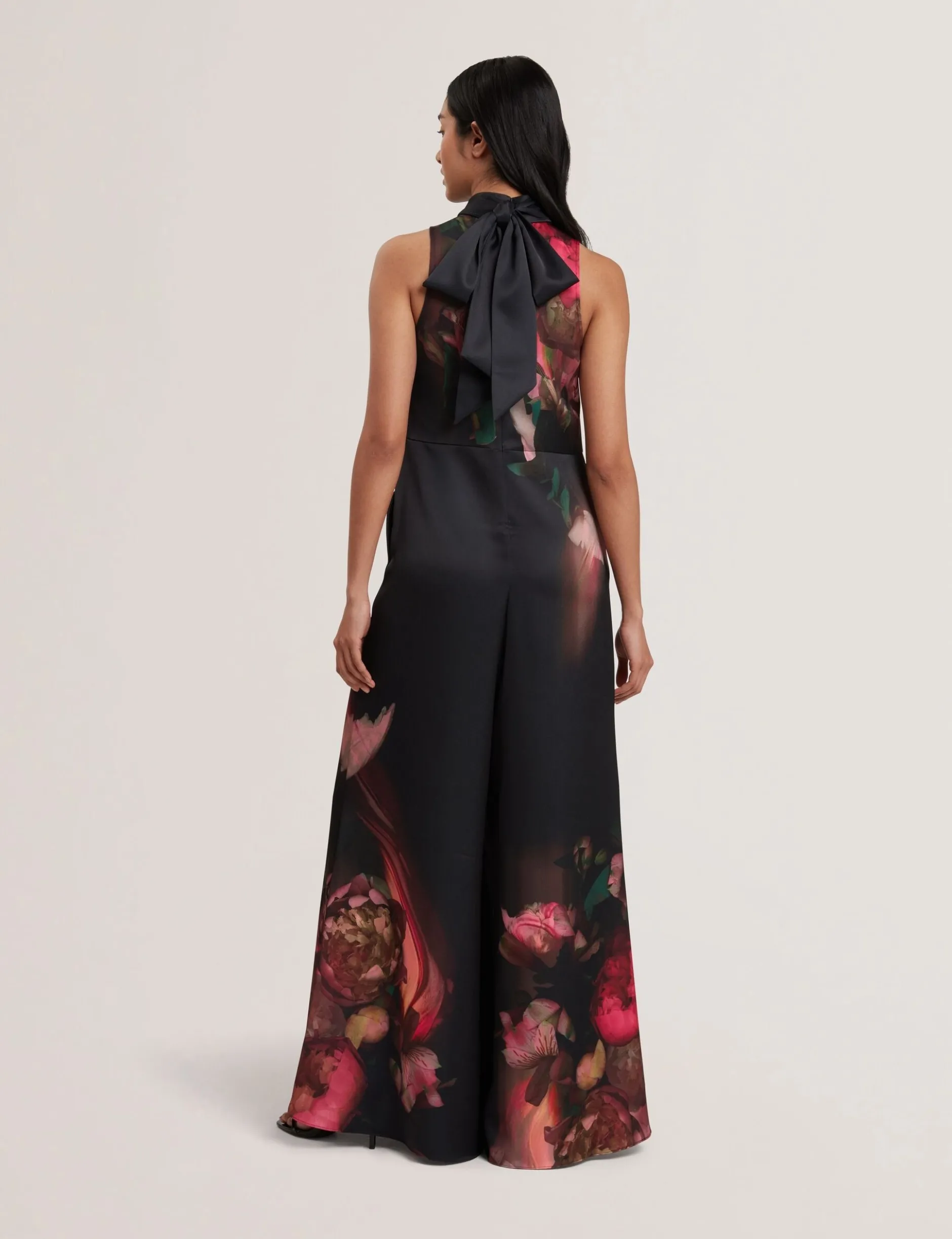 Printed Neck Tie Detail Wide Leg Jumpsuit