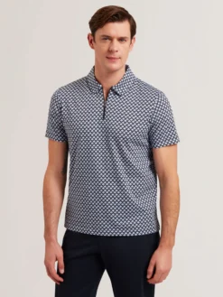 Printed Zip Neck Cotton Polo Shirt