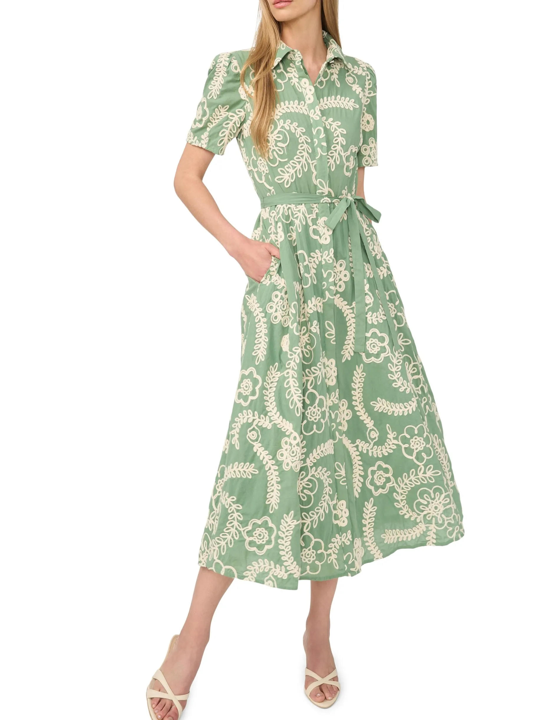 Raised Embroidery Cotton Midi Shirt Dress