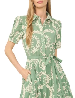 Raised Embroidery Cotton Midi Shirt Dress