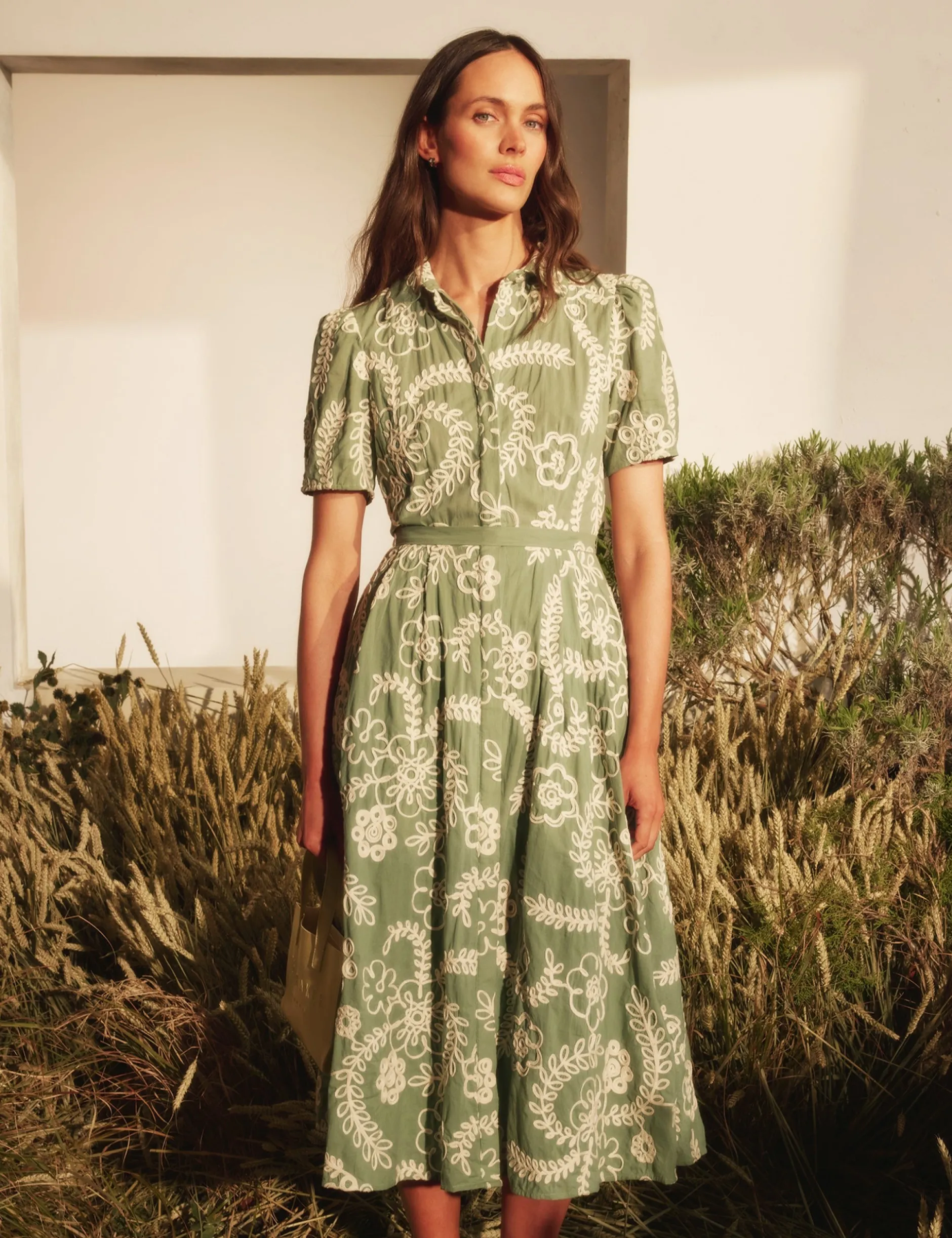 Raised Embroidery Cotton Midi Shirt Dress