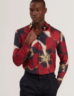 Red Blooms Print Cotton Stretch Shirt