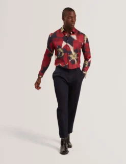 Red Blooms Print Cotton Stretch Shirt