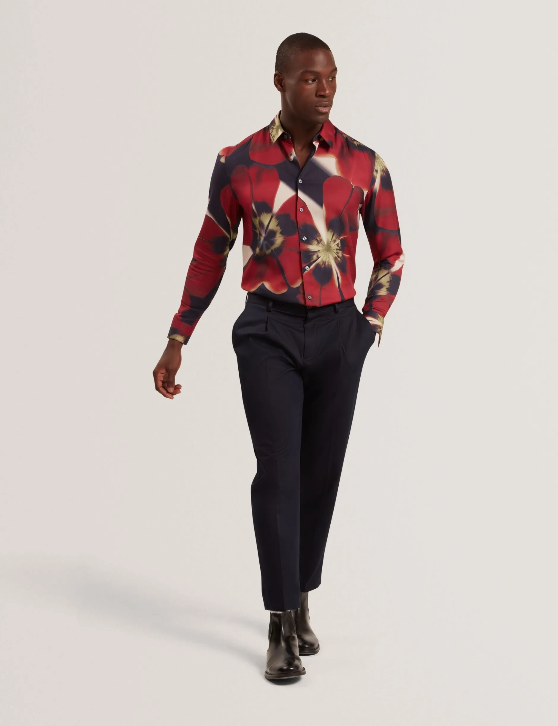 Red Blooms Print Cotton Stretch Shirt