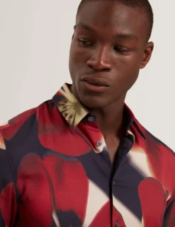 Red Blooms Print Cotton Stretch Shirt