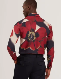 Red Blooms Print Cotton Stretch Shirt
