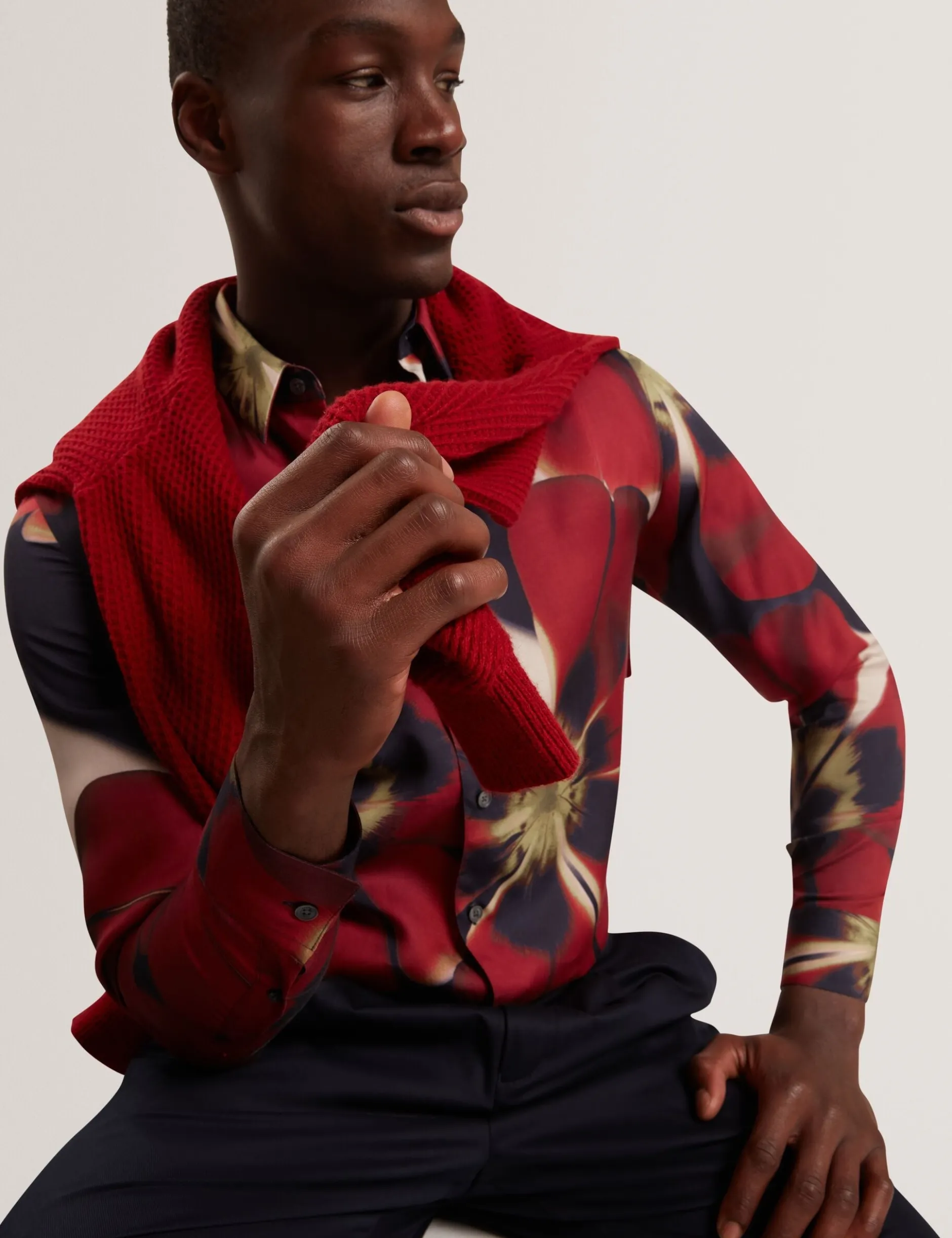 Red Blooms Print Cotton Stretch Shirt