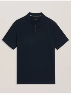 Ribbed Texture Zip Neck Cotton Polo Shirt