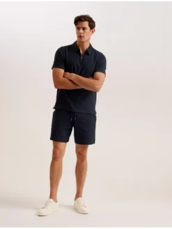 Ribbed Texture Zip Neck Cotton Polo Shirt
