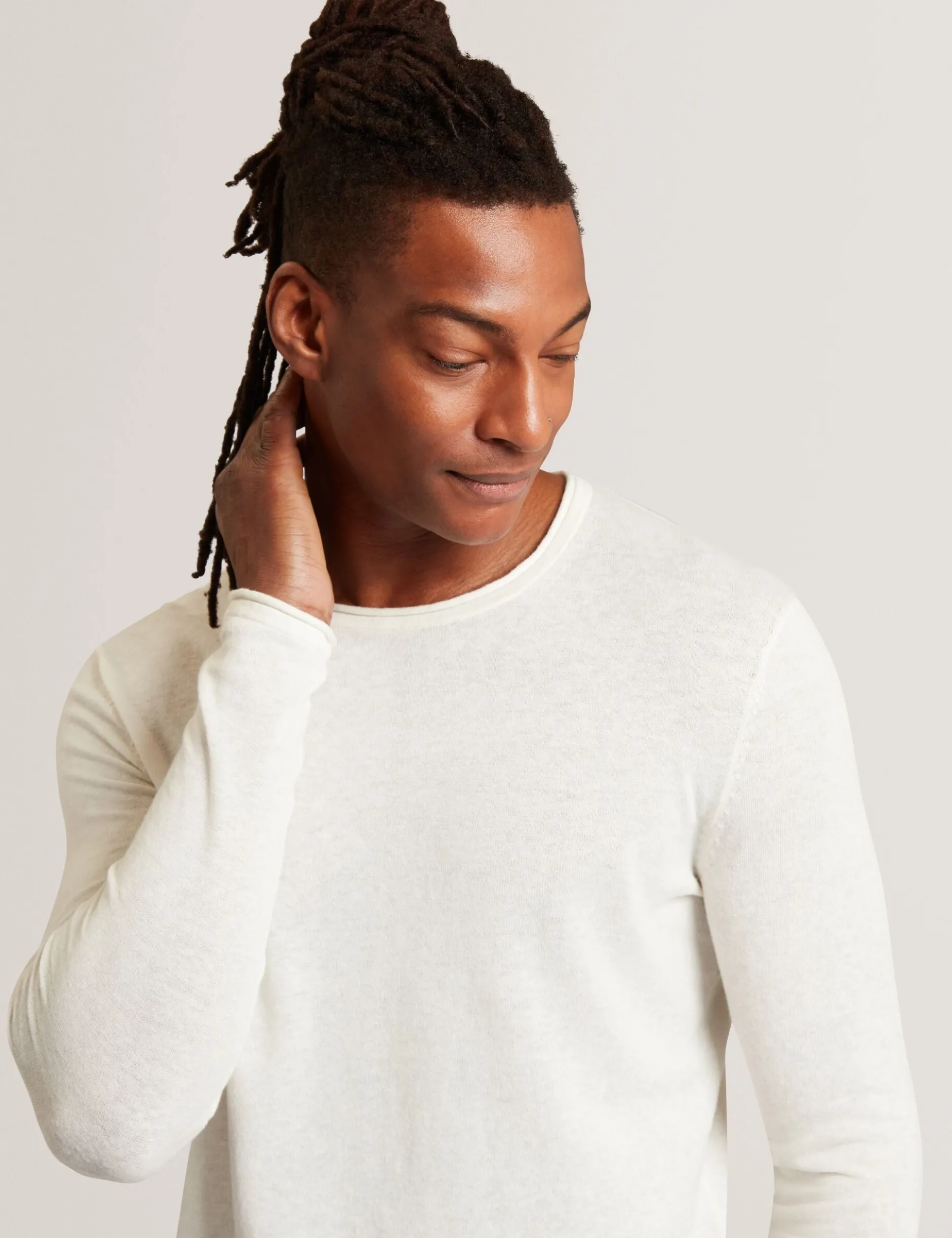 Rolled Edge Linen Blend Crew Neck Jumper