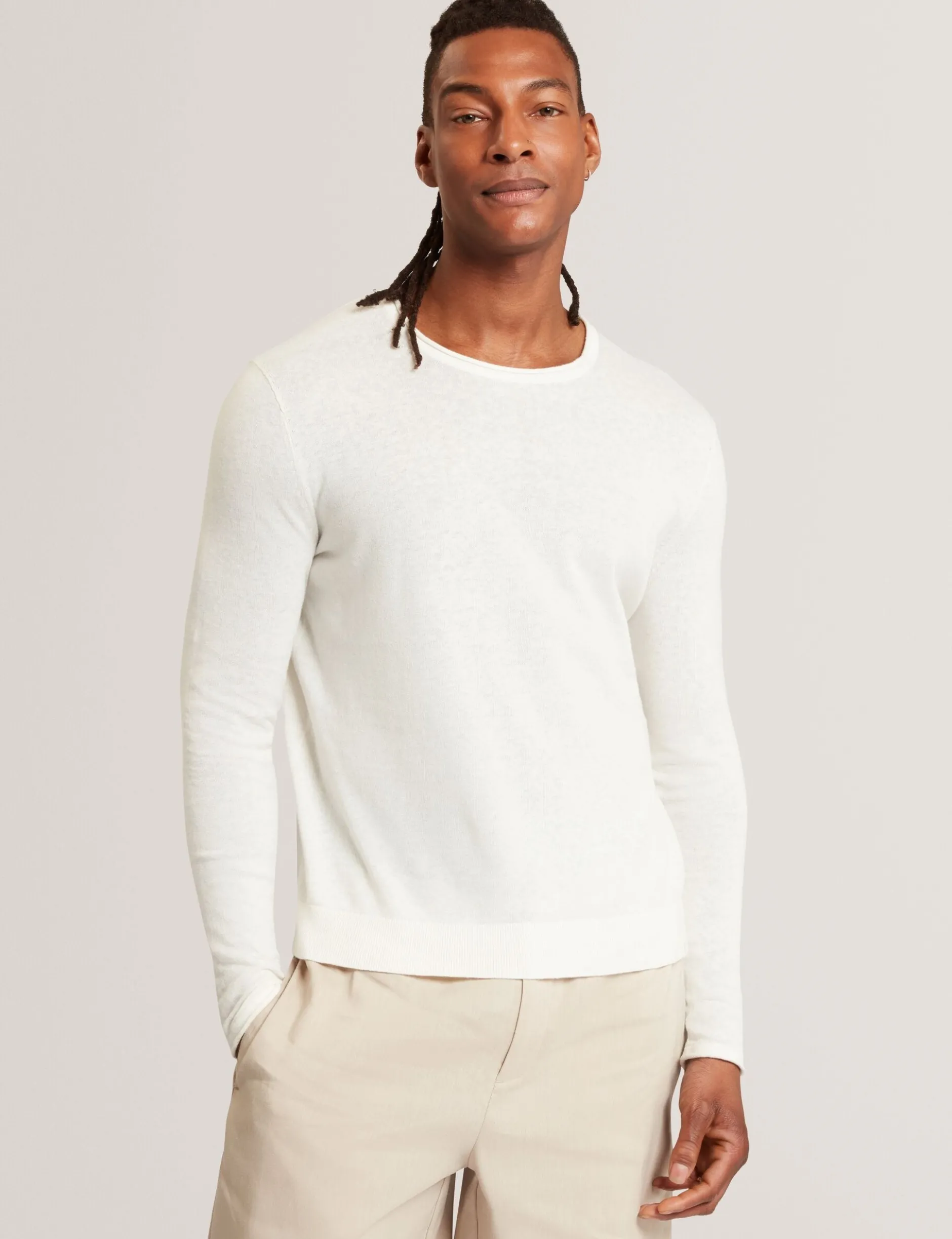 Rolled Edge Linen Blend Crew Neck Jumper
