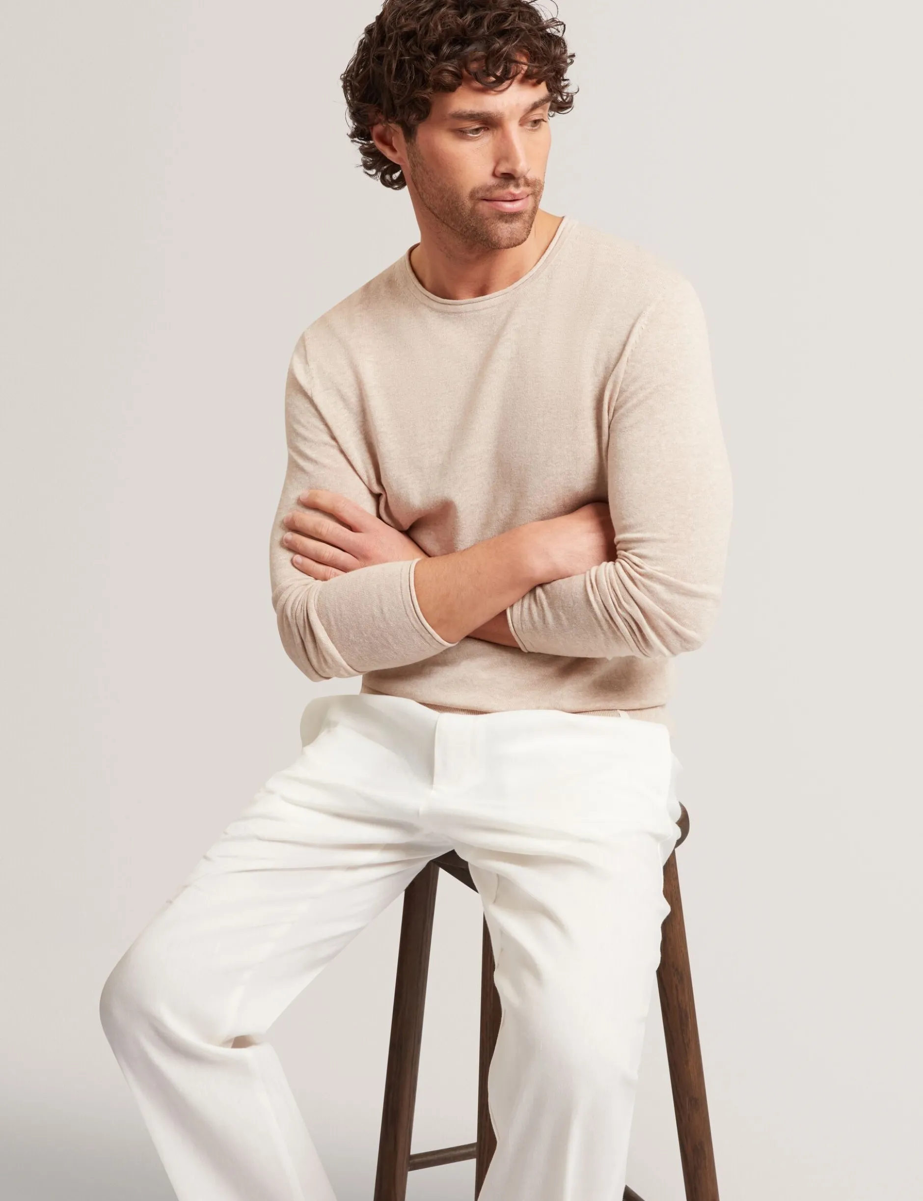Rolled Edge Linen Blend Crew Neck Jumper