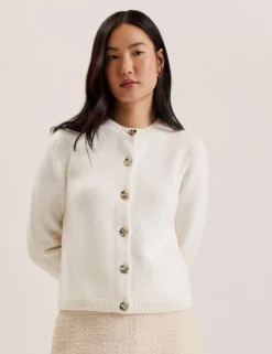 Rose Button Knitted Crew Neck Cardigan