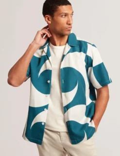 Short Sleeve Oversized Linen Blend Swirl Print Shirt
